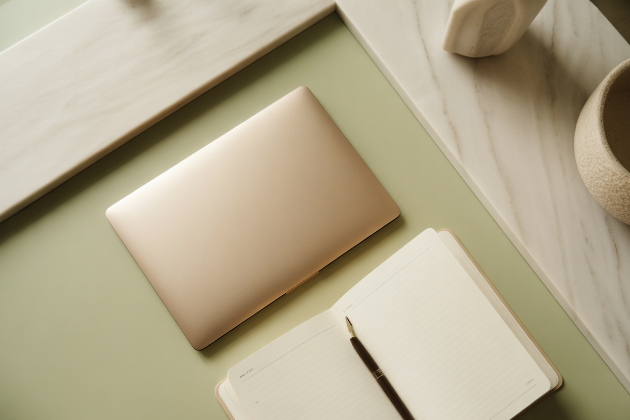 Minimal desk surface with closed laptop and open notebook on pale sage linen, representing the contrast between rented social platforms and owned business infrastructure.