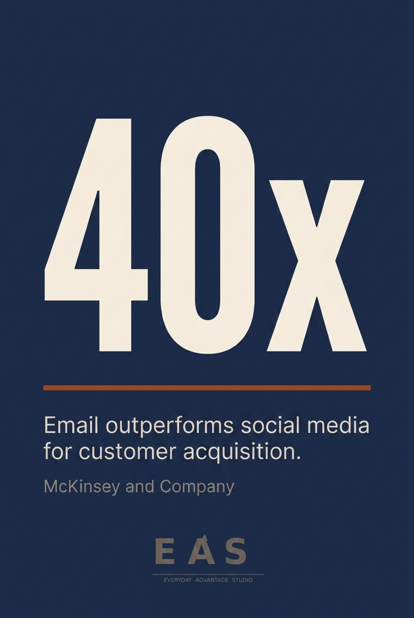 Bold typographic graphic on midnight navy background stating email acquires customers 40 times more effectively than social media, citing McKinsey and Company research.
