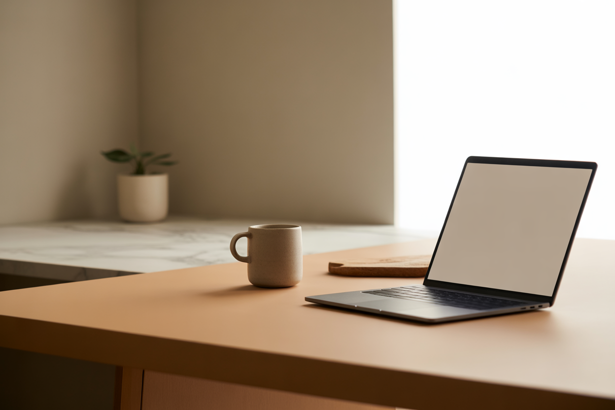 Minimal home office desk with open laptop and coffee cup in soft afternoon light, conveying a calm systems-driven independent work environment.