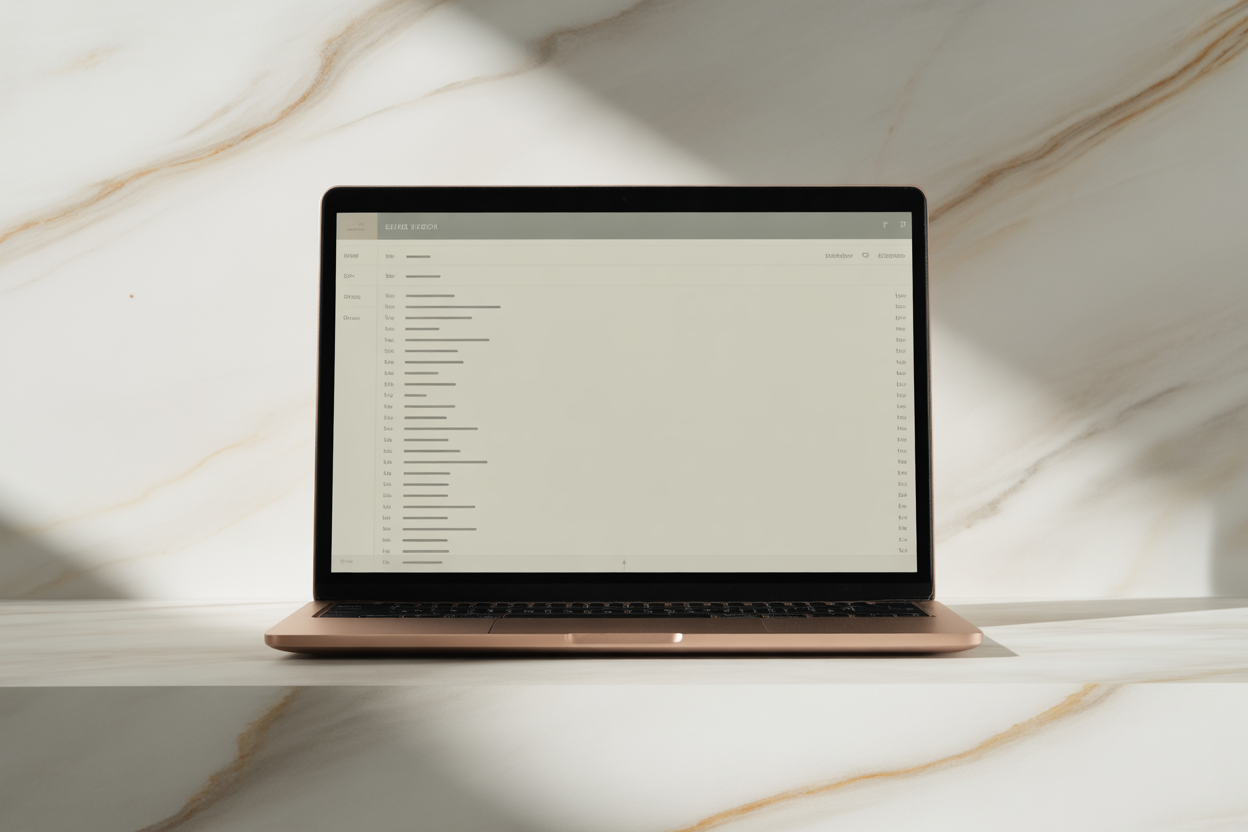 Slim laptop on white marble surface displaying a minimal email inbox interface, representing a structured automated welcome sequence for independent creators.
