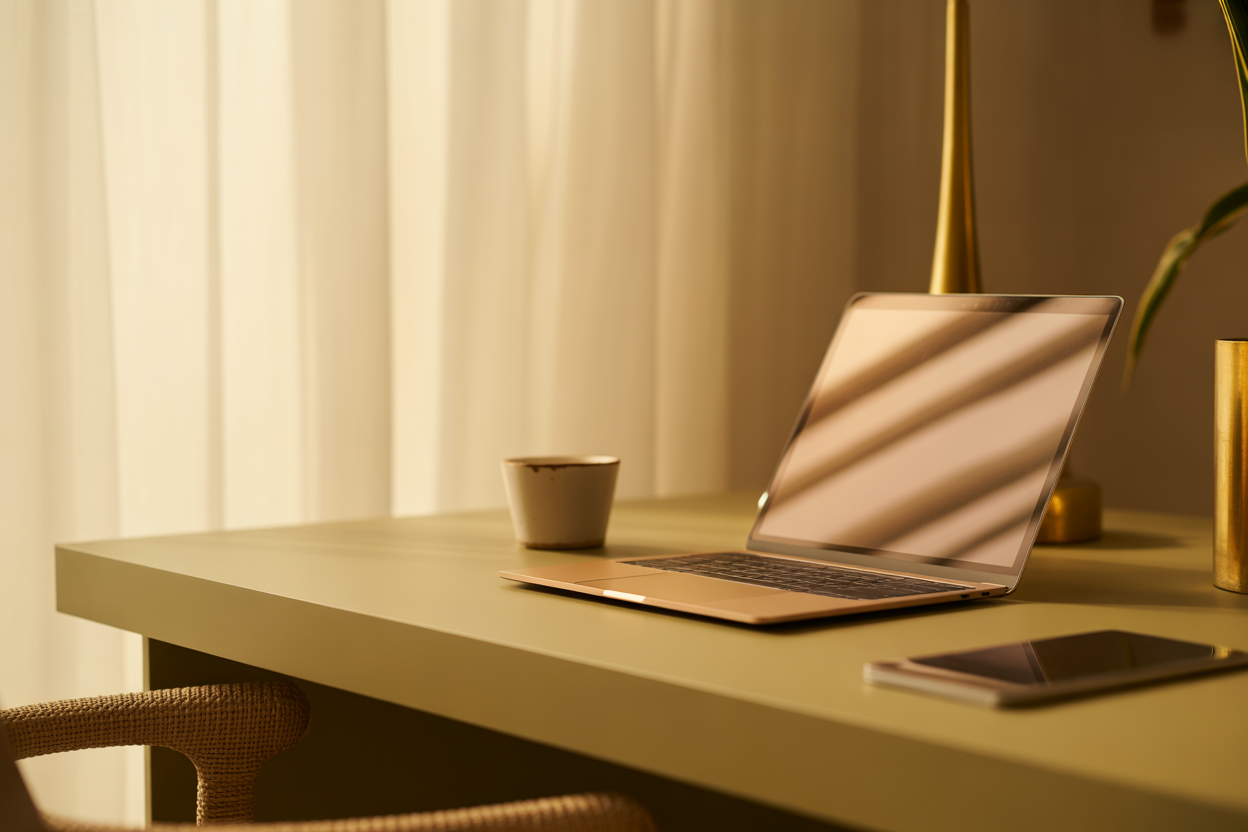 Minimal home office desk in early morning light with laptop open, representing an automated email system running before the operator begins their day.
