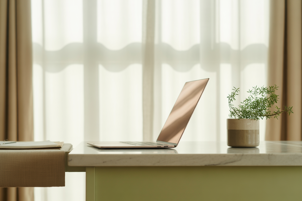 Independent creator at a calm minimal workspace in natural light, representing a ghost-mode business operation running on automated systems.