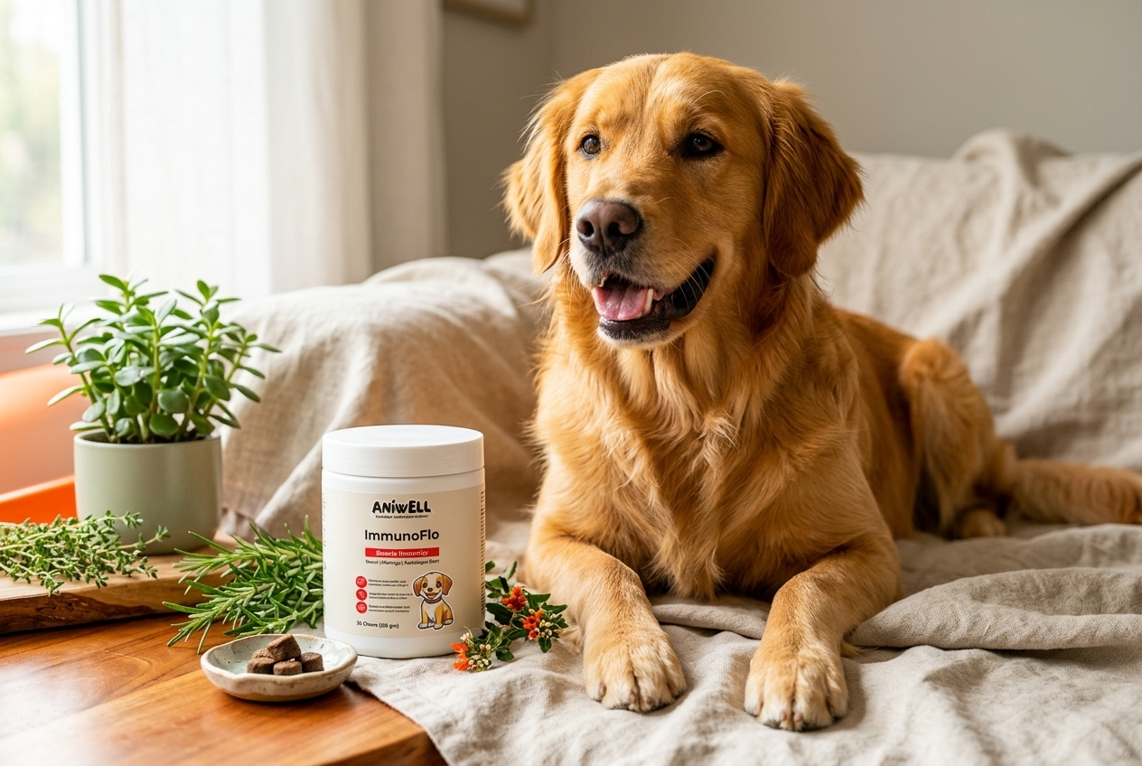 Golden retriever beside Aniwell ImmunoFlo supplement container with herbs on wood surface