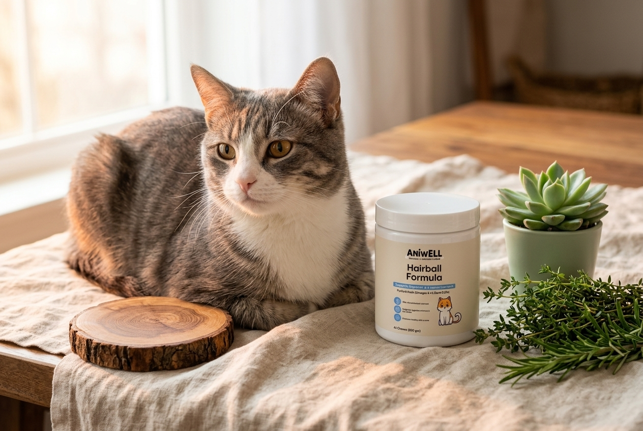 Tabby cat beside Aniwell Hairball Formula supplement on linen surface with herbs and succulent