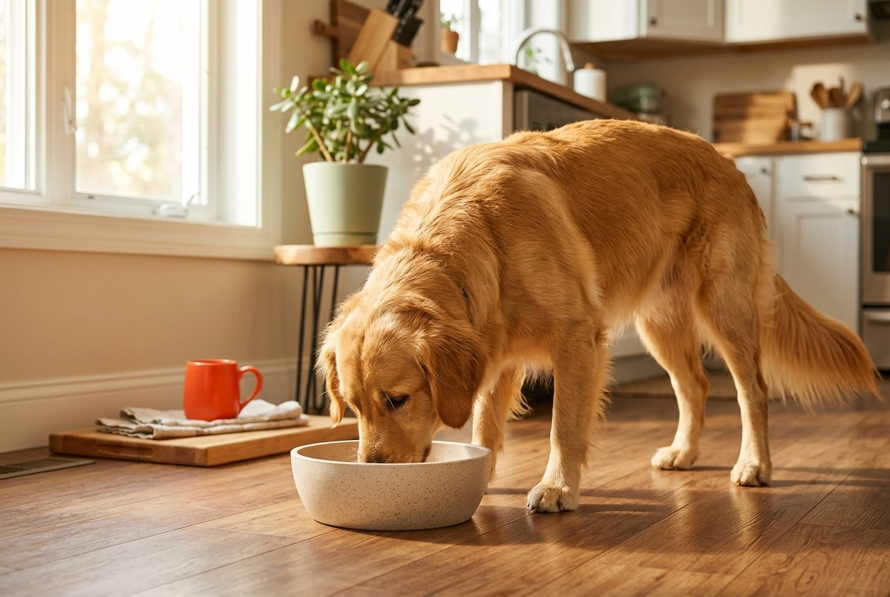 Golden retriever eating from natural bamboo bowl on warm wood kitchen floor