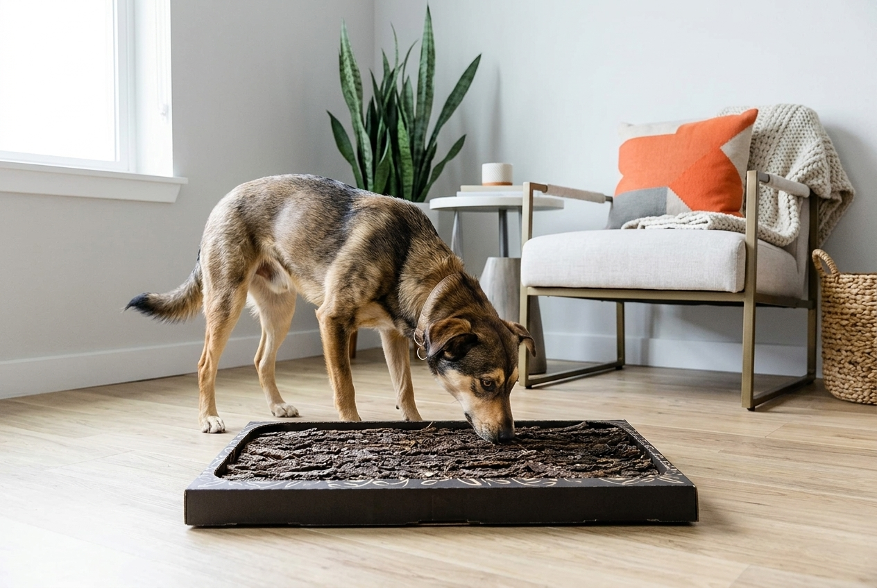 Dog sniffing Bark Potty natural bark mat in clean modern apartment living room