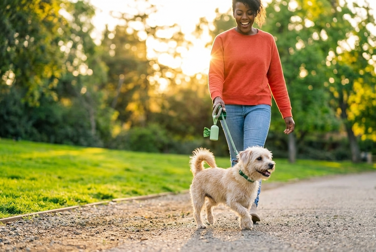 Woman walking dog with Earth Rated compostable bag dispenser in sunny park