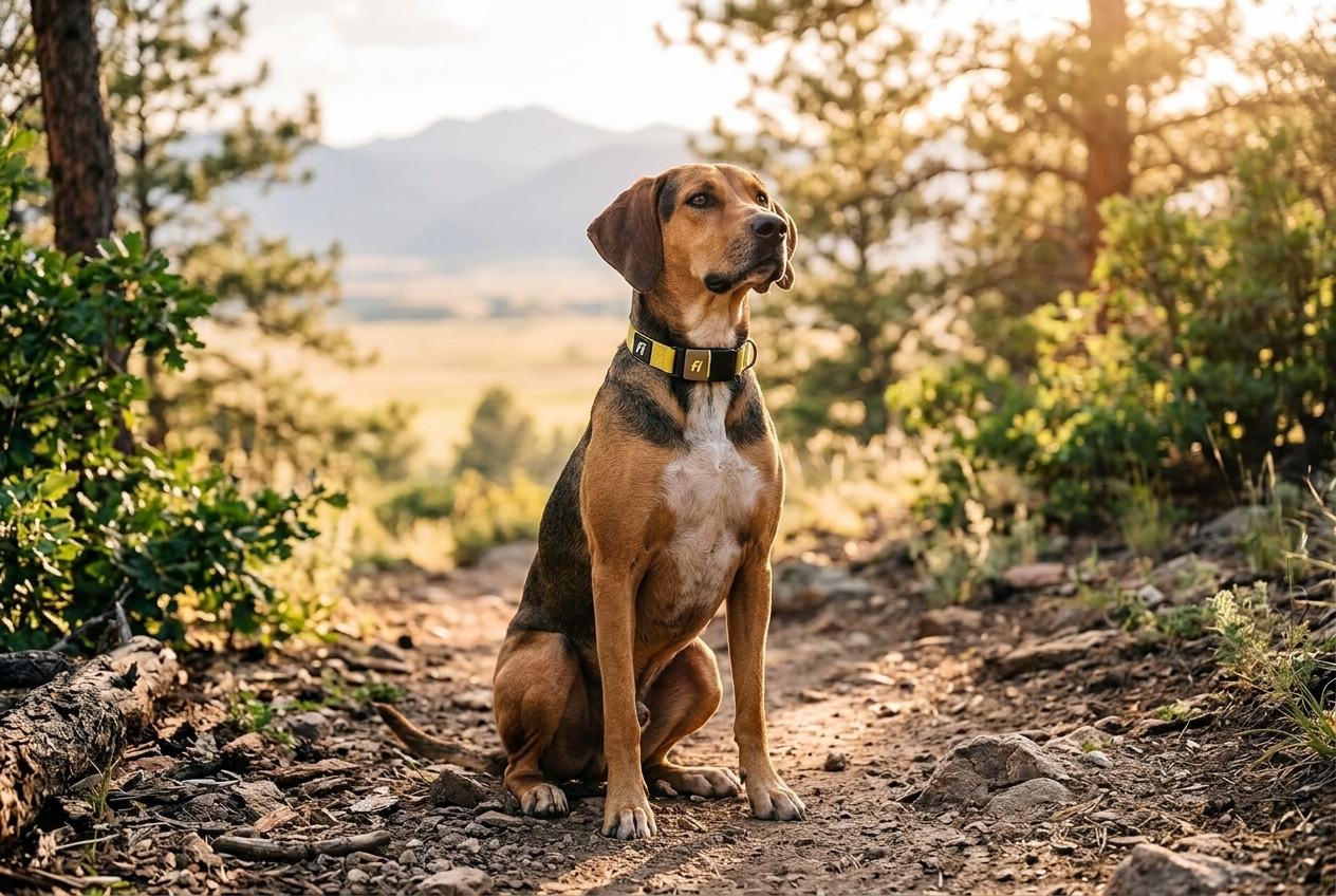 Hound dog wearing Fi Series 3 smart GPS collar on mountain hiking trail at golden hour