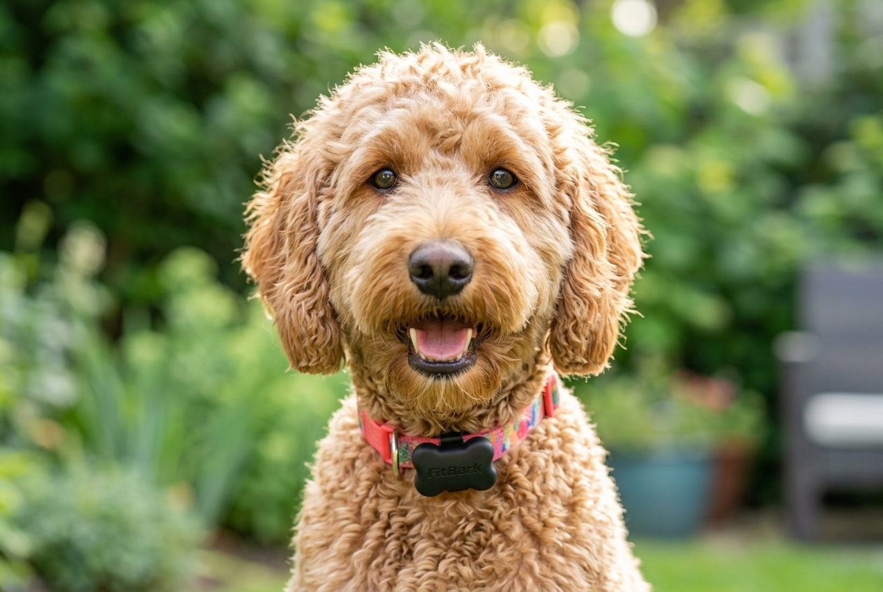 Goldendoodle with FitBark 2 black bone health monitor on collar in garden