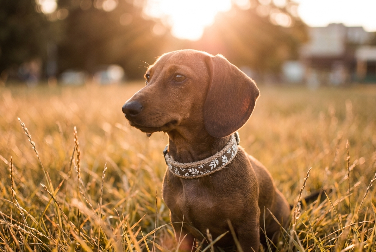 Dachshund wearing natural hemp collar in golden grass field