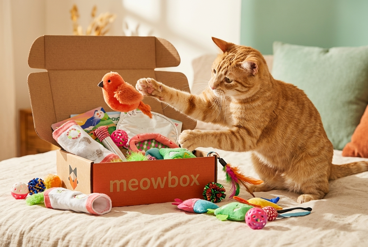 Orange cat playing with toys from open MeowBox monthly cat subscription box on bed