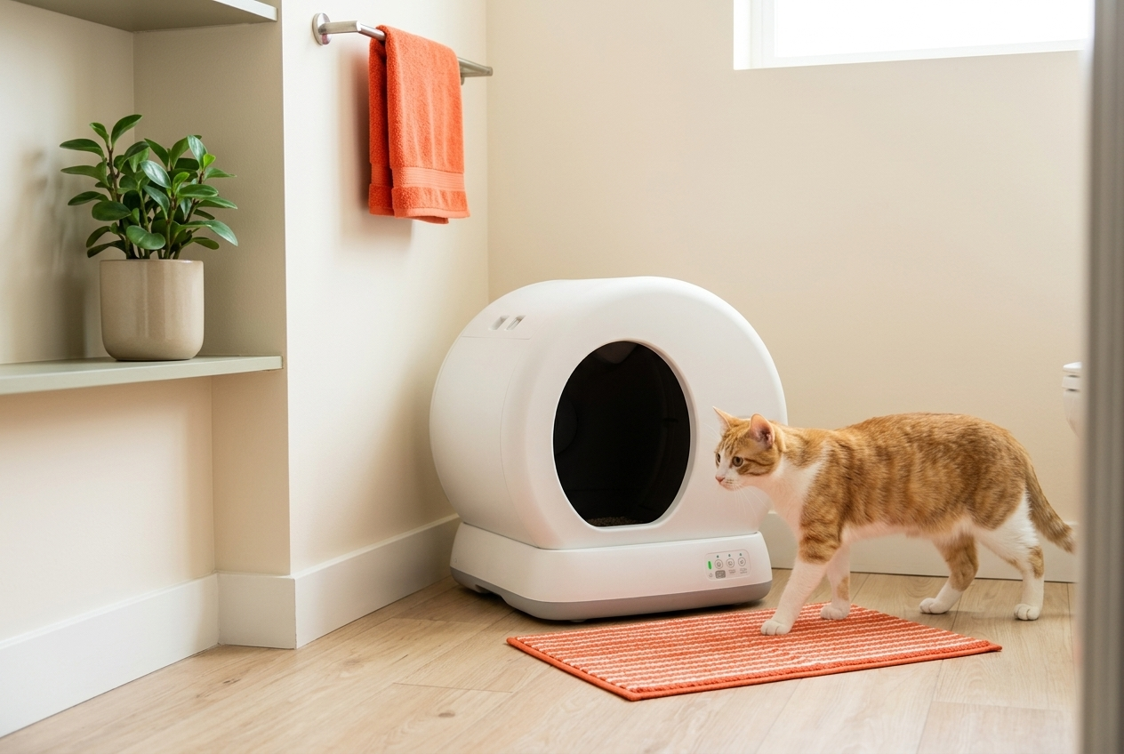 Orange tabby cat approaching MeowWant self-cleaning litter box in clean modern bathroom