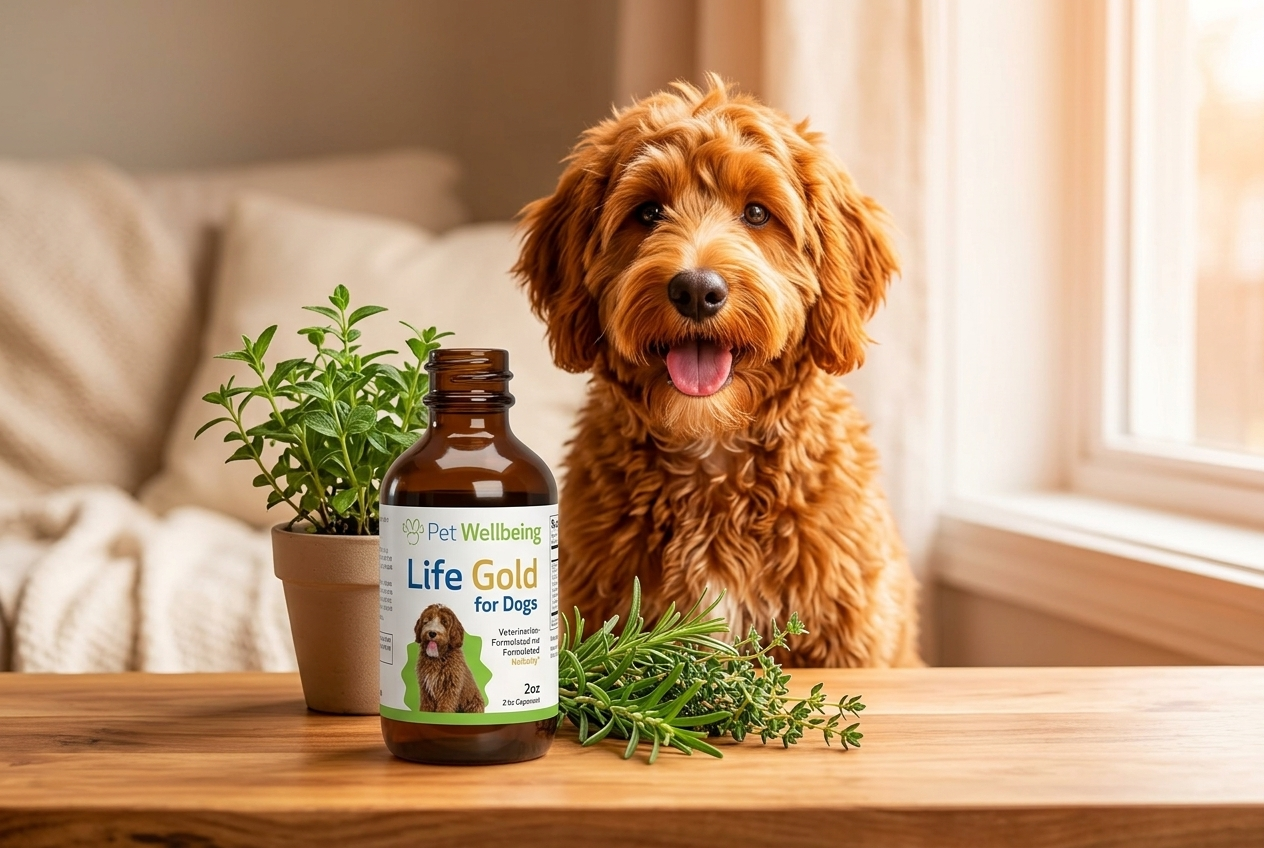 Goldendoodle beside Pet Wellbeing Life Gold bottle and fresh herbs on wood table