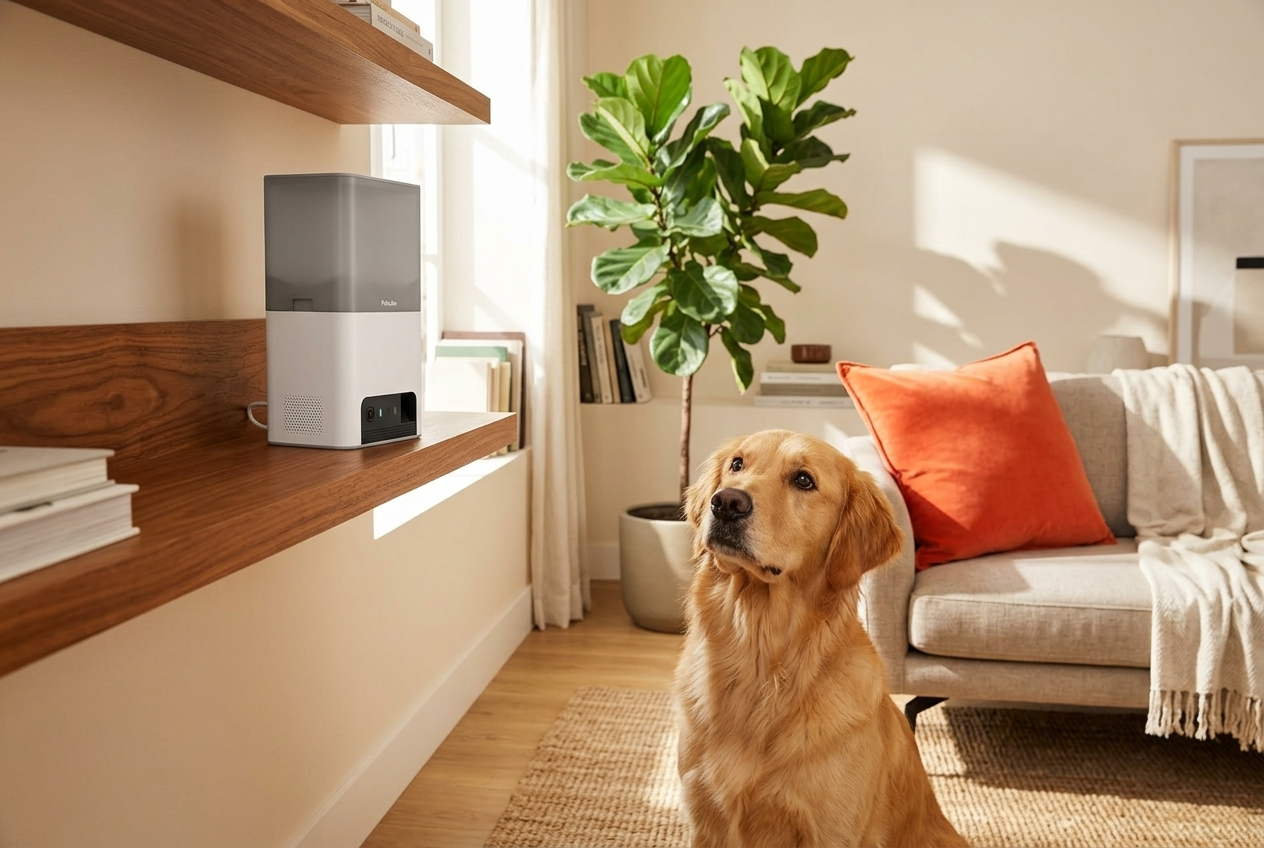 Golden retriever looking up at PetCube Bites camera on wood shelf in modern living room