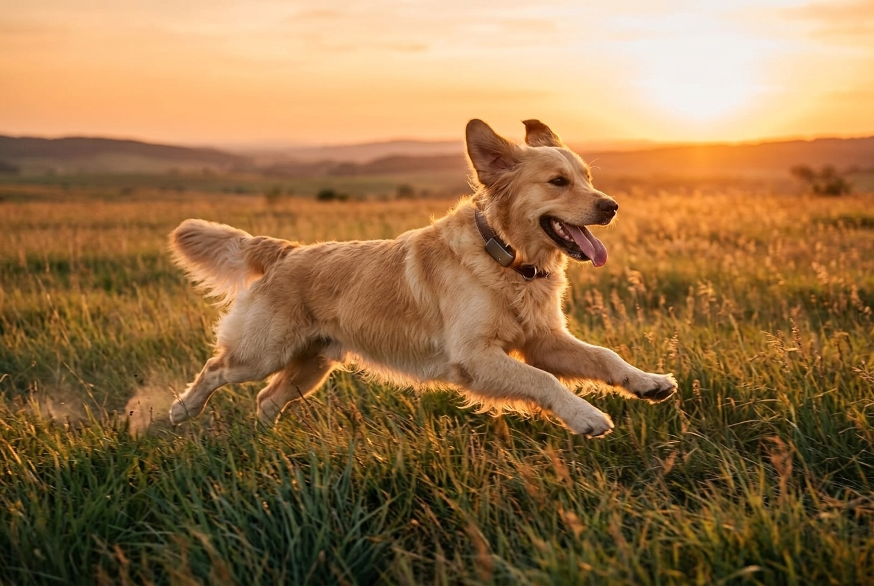 Golden retriever running through open field at sunset wearing Tractive GPS collar