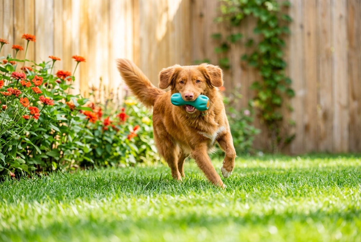 Dog running with teal West Paw Zogoflex toy in mouth in sunny backyard